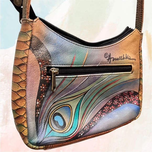 Anuschka Handbags - Anuschka Hand Painted Peacock Feather Leather Crossbody Handbag